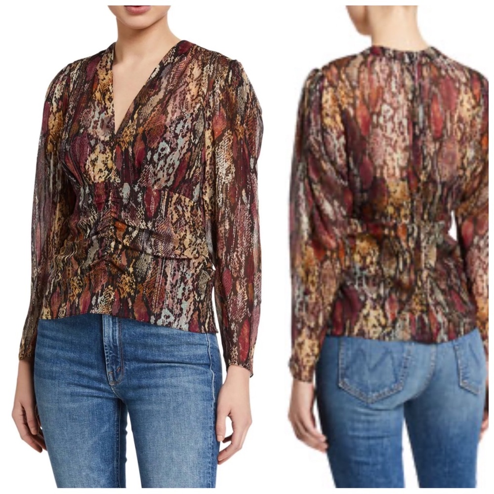 •REBECCA TAYLOR•Silk Ruched Bodice V-Neck Snake-Print Metallic Тор Blouse Size 6